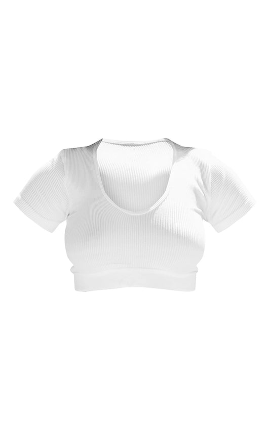 White Contour Rib V Neck Band Short Sleeve Crop Top