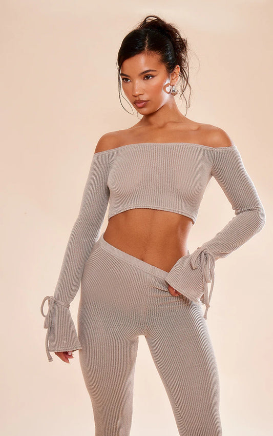 STONE SHEER SOFT RIB BARDOT LONG SLEEVE CROP TOP