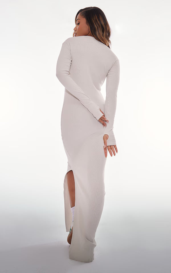 Oatmeal Washed Rib Exposed Seam Long Sleeve Maxi Dress