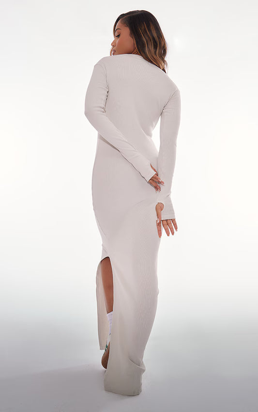 Oatmeal Washed Rib Exposed Seam Long Sleeve Maxi Dress