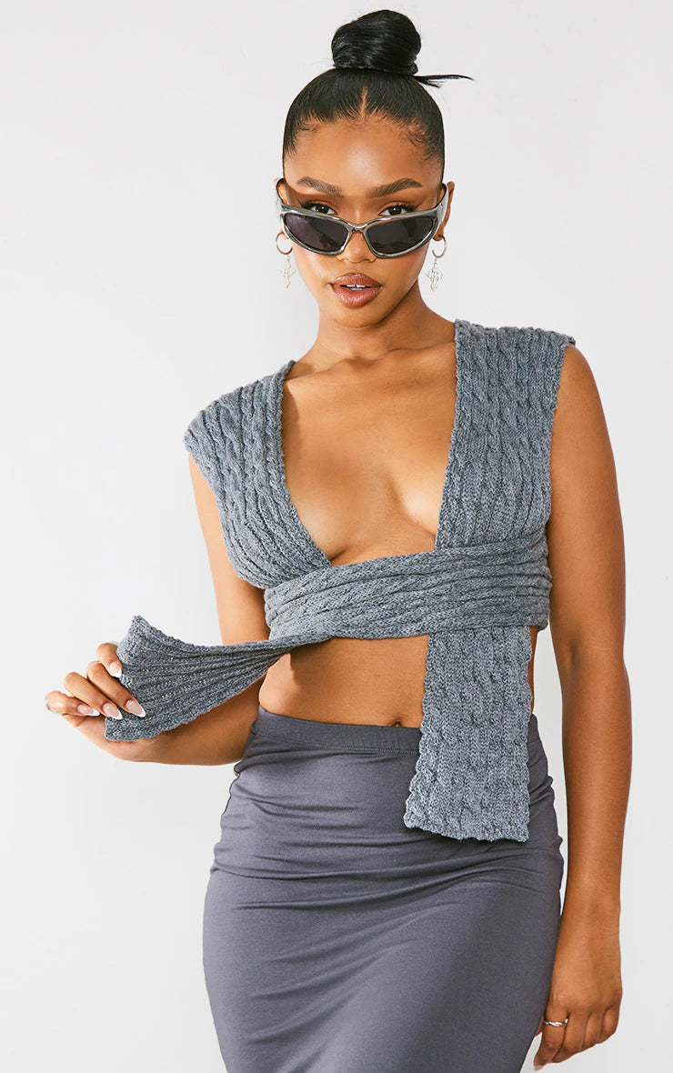 GREY CABLE KNIT WRAP MULTI WAY TOP