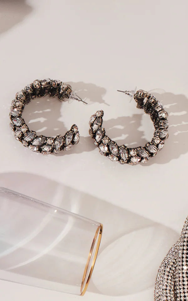 Silver Chunky Diamante Statement Hoop Earrings