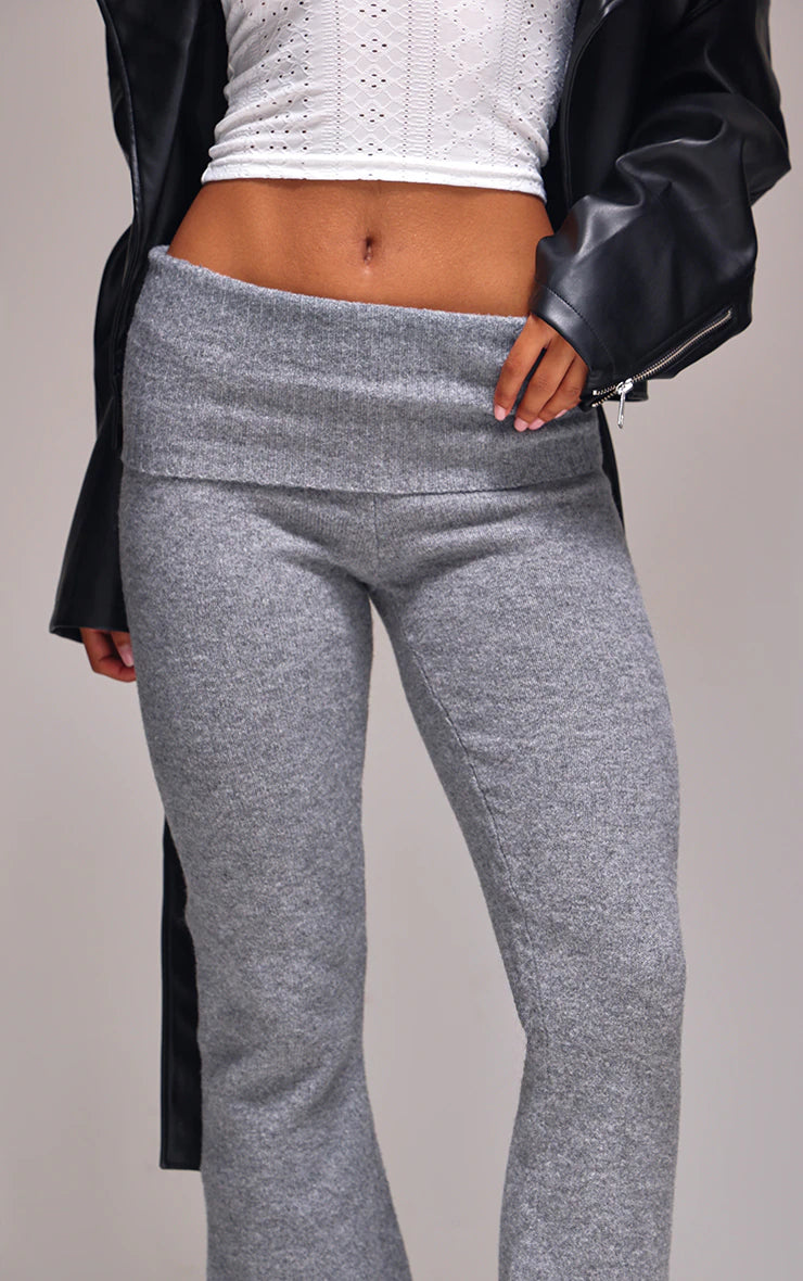 Ash Grey Melange Soft Knit Foldover Waist Flared Pants