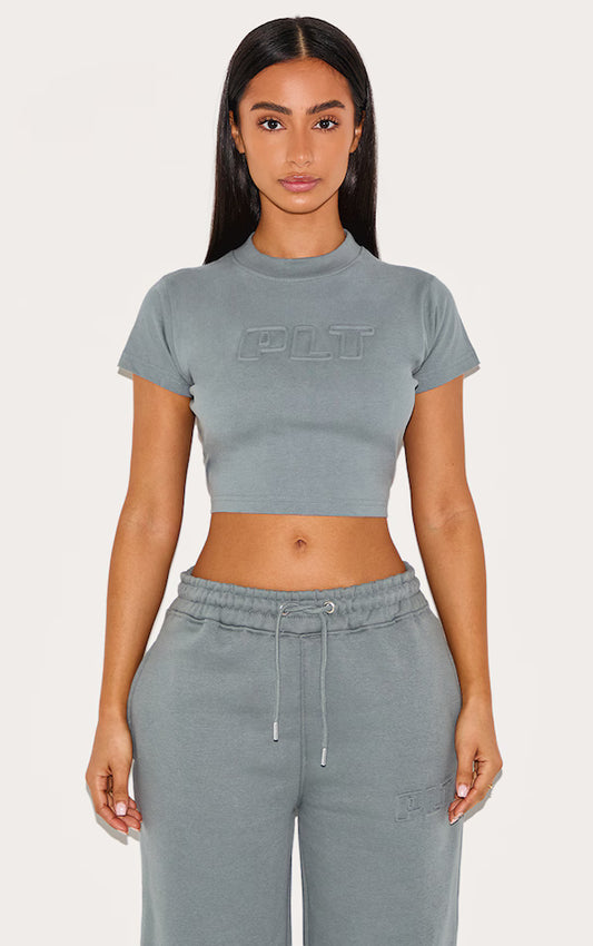 Petite Teal PLT Embossed Cropped Baby Tee