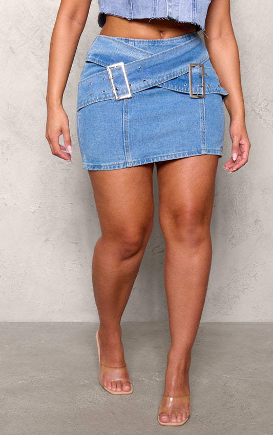 Plt - Shape Light Blue Denim Belted Mini Skirt