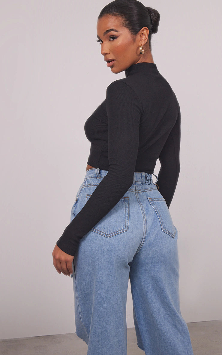 BLACK BASIC SOFT RIBBED HIGH NECK LONG SLEEVE CROP TOP