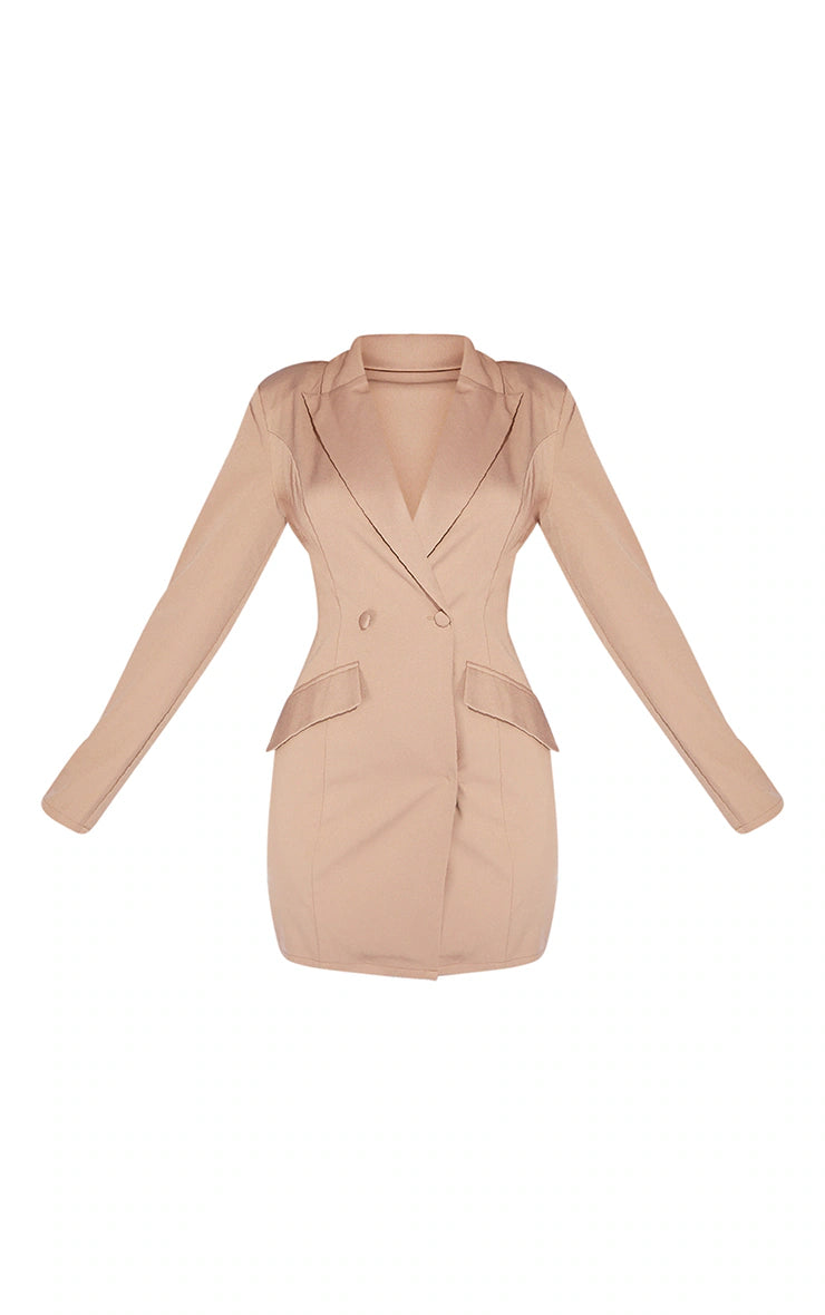 TAUPE LONG SLEEVE PINCHED WAIST BUTTON DETAIL BLAZER DRESS