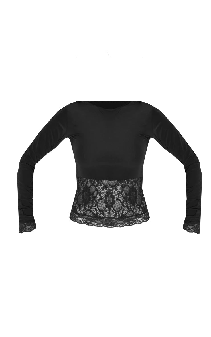 Petite Black Long Sleeve Slinky Top With Lace Detail