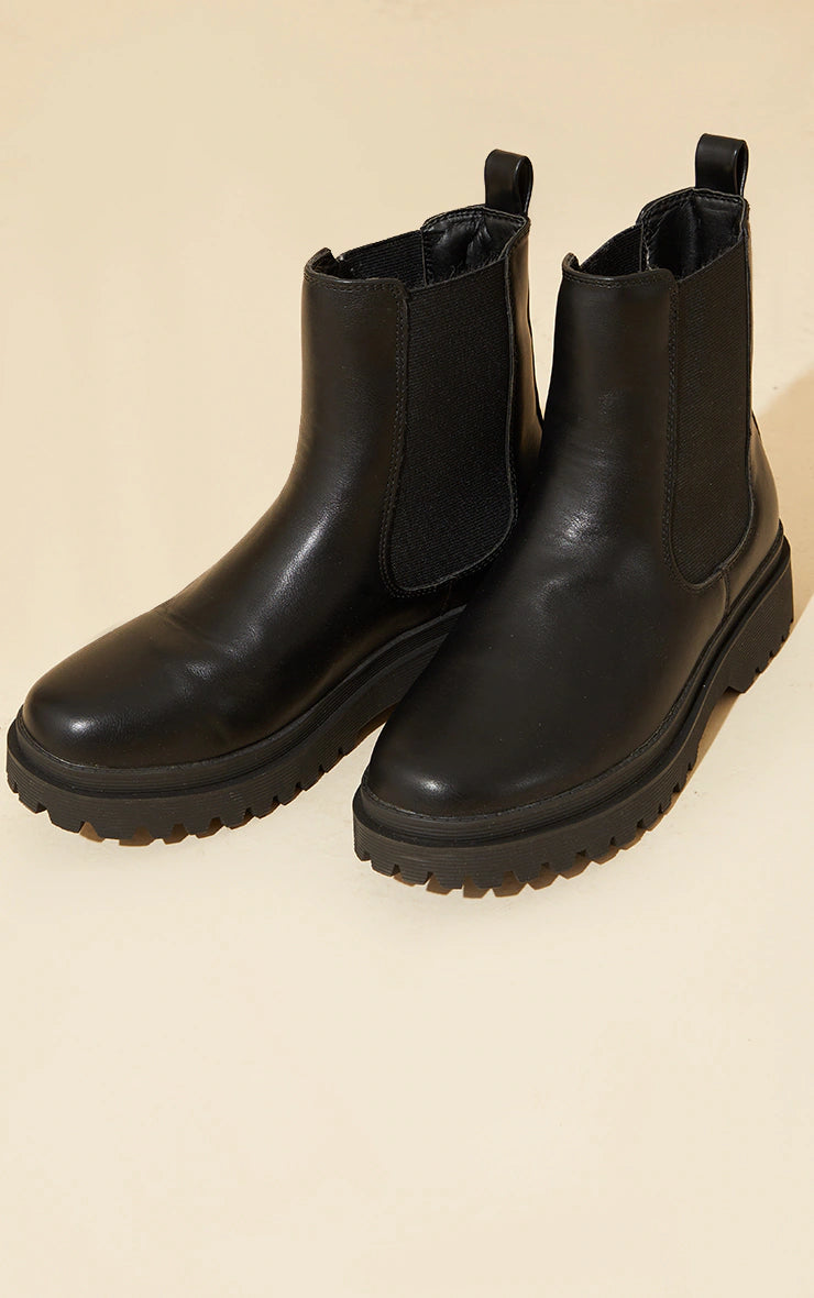 BLACK PU ROUND TOE CHELSEA ANKLE BOOTS