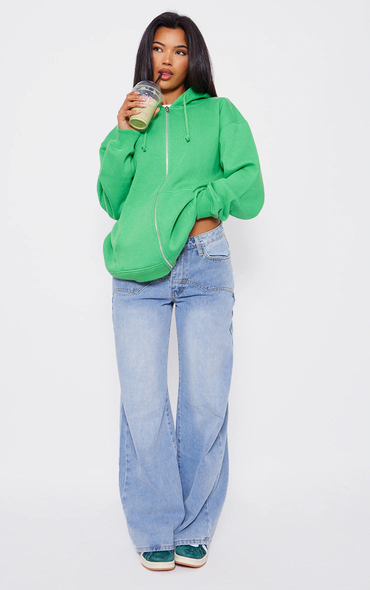 Green Oversized Zip Up Front Hoodie