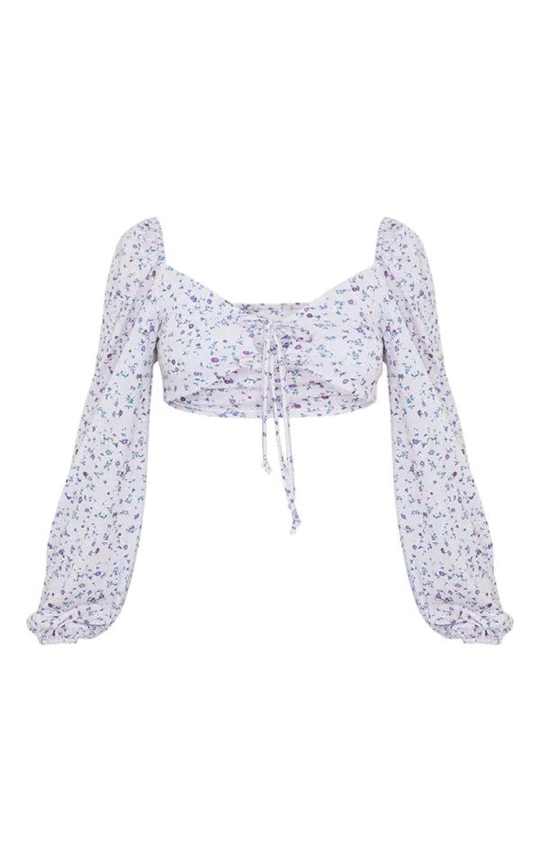 White Ditsy Floral Print Tie Front Balloon Long Sleeve Crop Top
