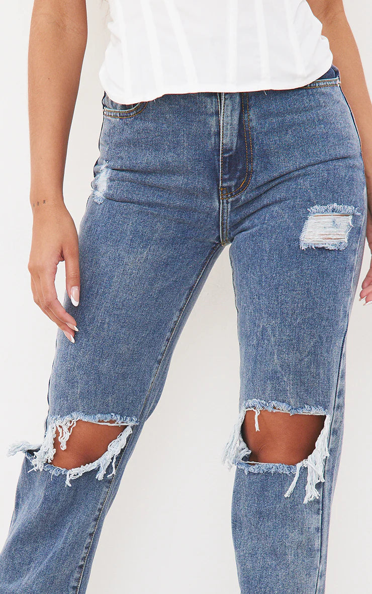 Vintage Wash High Rise Ripped Straight Leg Jeans