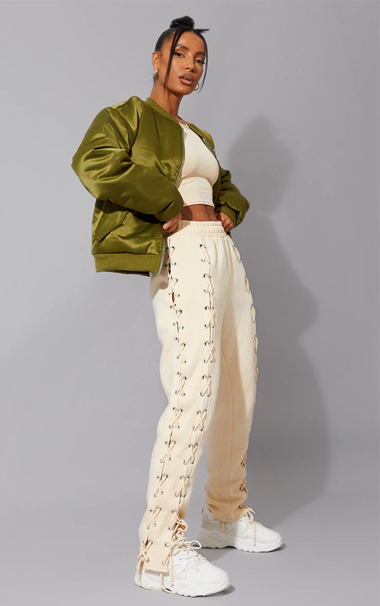 Cream Lace Up Side Detail Oversized Sweatpants