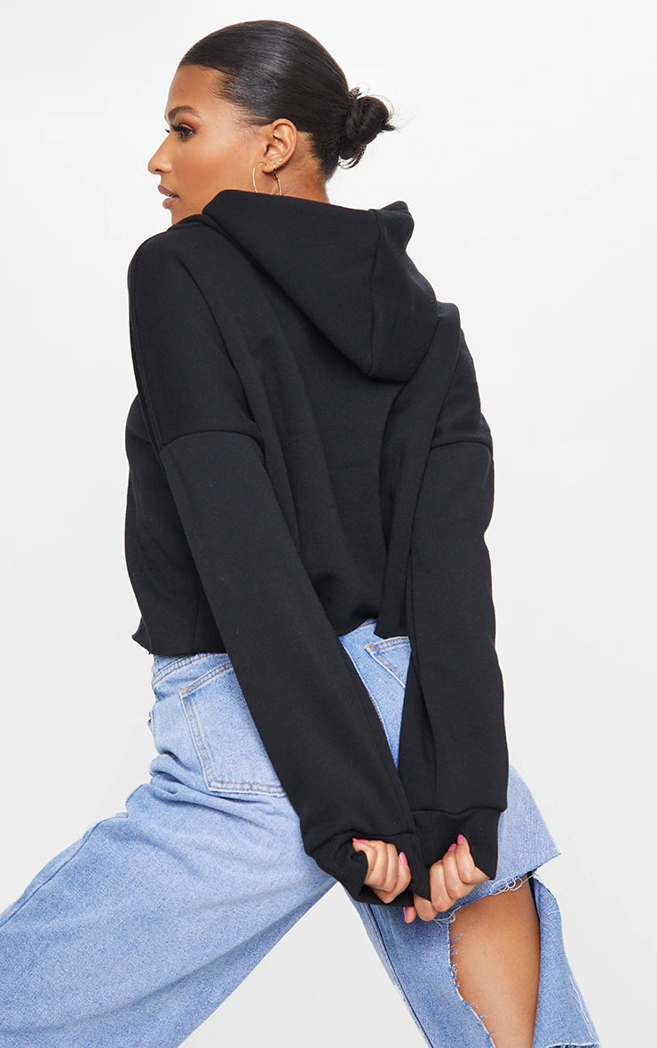 Black Oversized Fit Cropped Hoodie