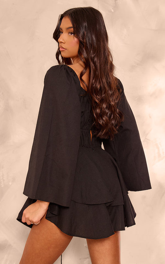 Black Lace Up Front Longsleeve Playsuit