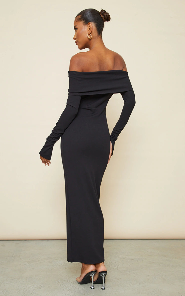 Black Fold Detail Ruched Sleeve Maxi Dress