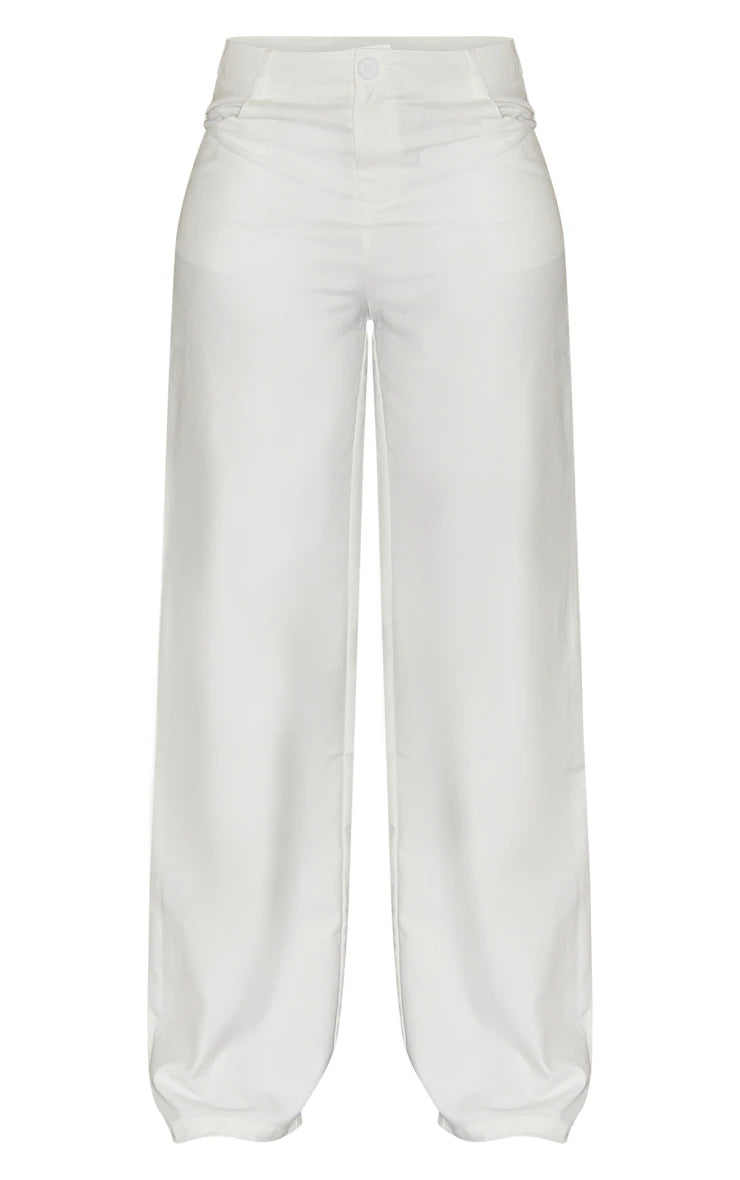 White Woven High Waist Trousers