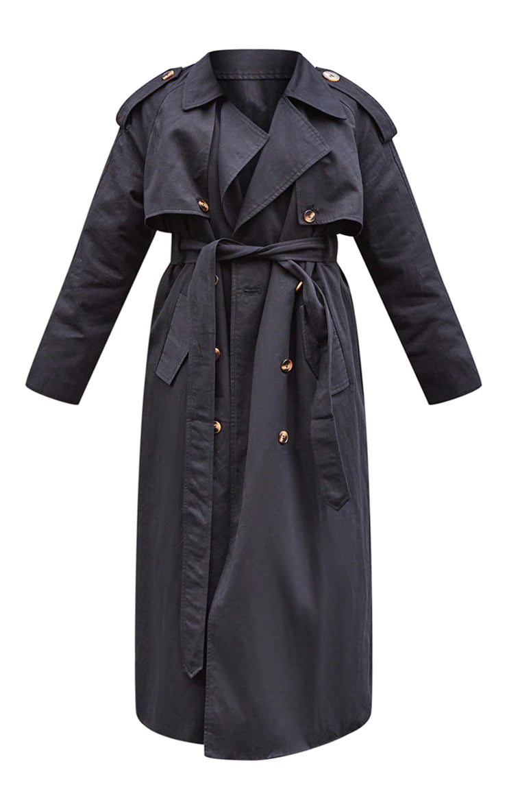 Black Belted Double Breasted Trench Coat