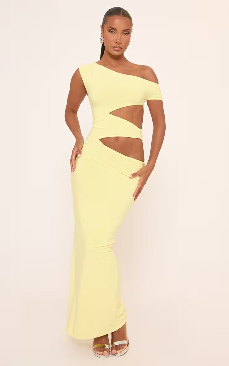 Ego - Asymmetric One Shoulder Cut Out Maxi Dress In Yellow Slinky