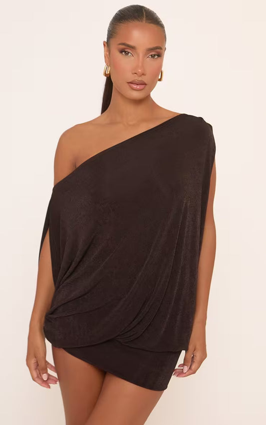 Ego - Off The Shoulder Draped Asymmetric Mini Dress In Brown