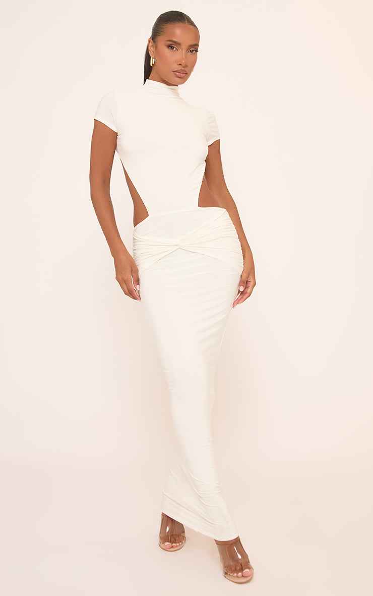 Cap Sleeve Twist Panel Detail Cut Out Maxi Dress In White Slinky