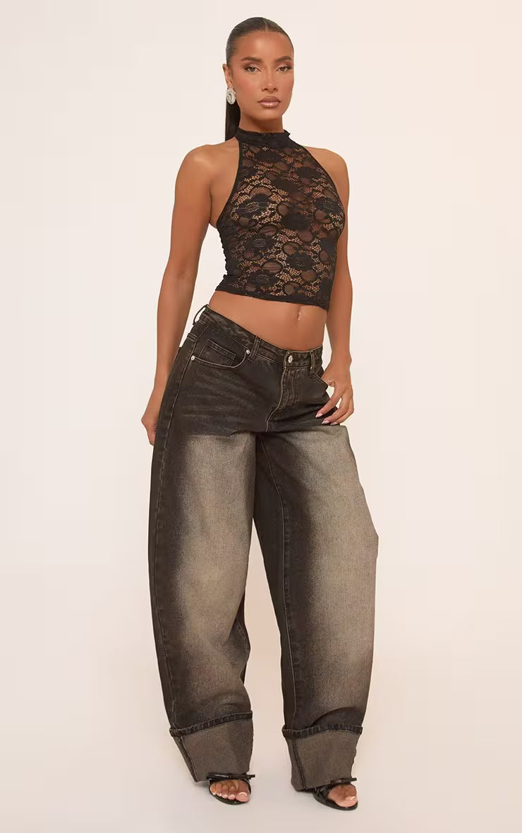 EGO - Halterneck Racer Crop Top In Black Lace