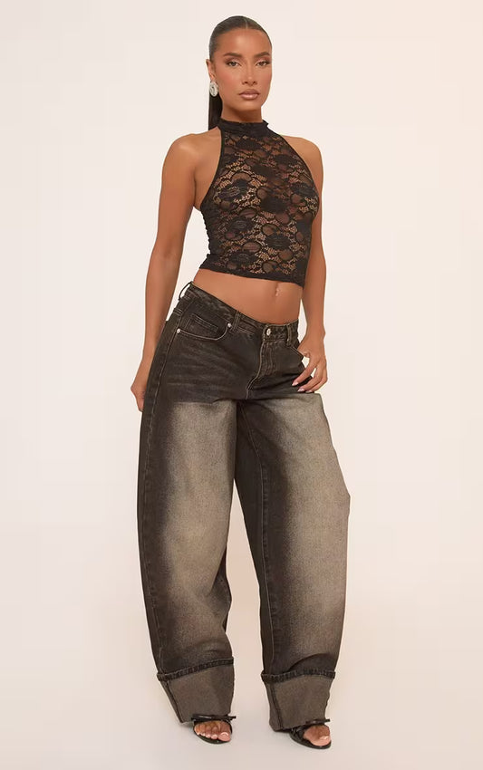 EGO - Halterneck Racer Crop Top In Black Lace