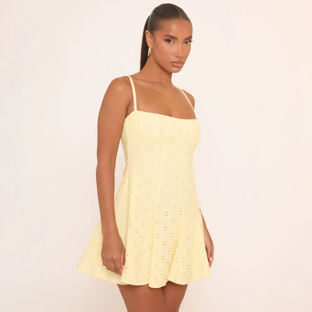 Ego - Square Neck Ruched Bust Detail Pleated Mini Dress In Yellow Broderie
