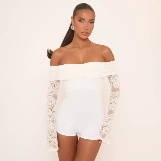 Long Flared Sleeve Bardot Micro Playsuit In White Lace