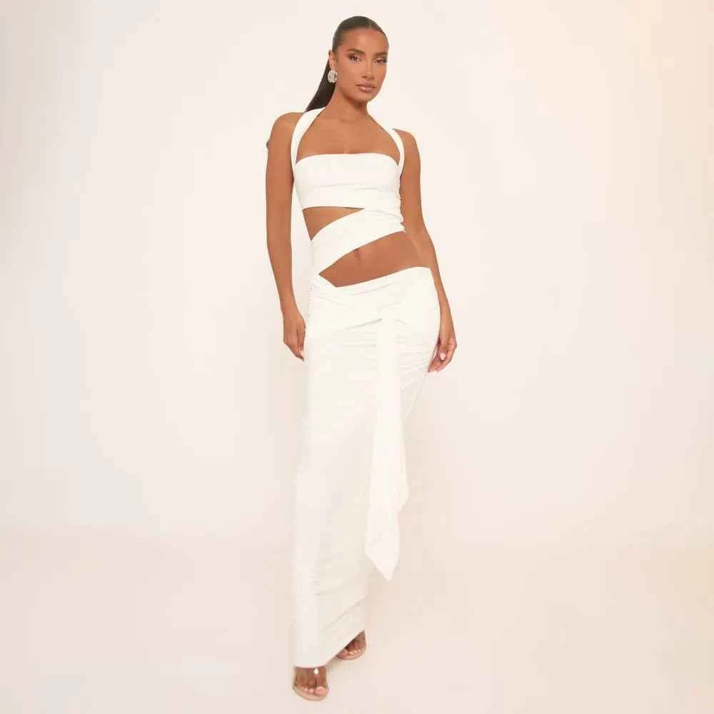 Ego - Halterneck Drape Front Detail Cut Out Maxi Dress In White Slinky