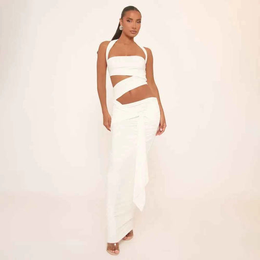 Ego - Halterneck Drape Front Detail Cut Out Maxi Dress In White Slinky