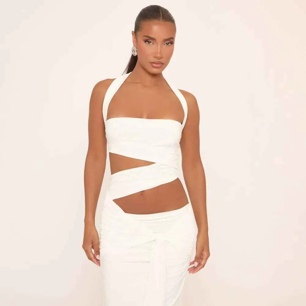 Ego - Halterneck Drape Front Detail Cut Out Maxi Dress In White Slinky
