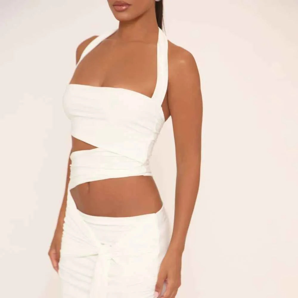 Ego - Halterneck Drape Front Detail Cut Out Maxi Dress In White Slinky