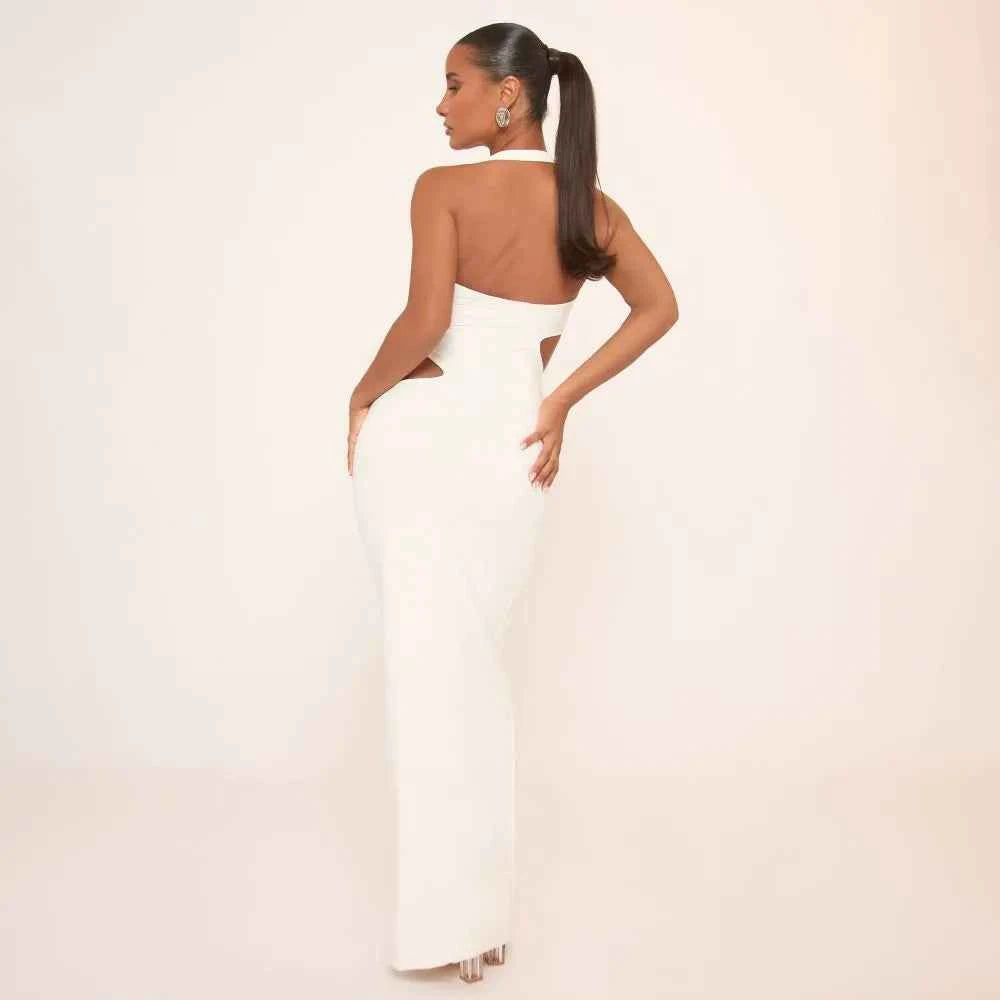 Ego - Halterneck Drape Front Detail Cut Out Maxi Dress In White Slinky
