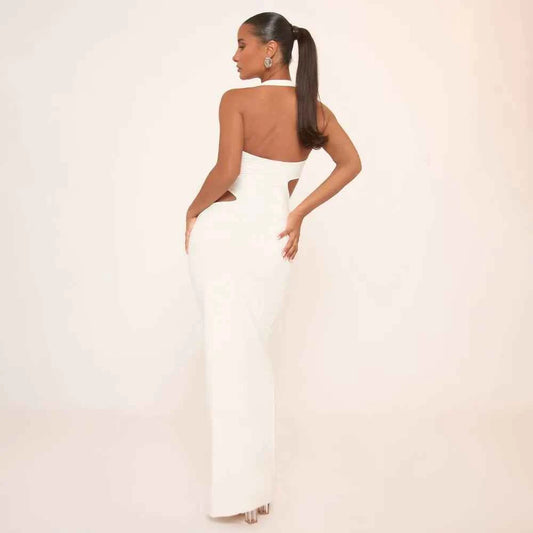 Ego - Halterneck Drape Front Detail Cut Out Maxi Dress In White Slinky