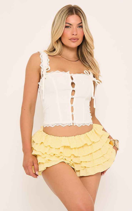 Ego - Square Neck Lace Trim Bow Detail Corset Top In White
