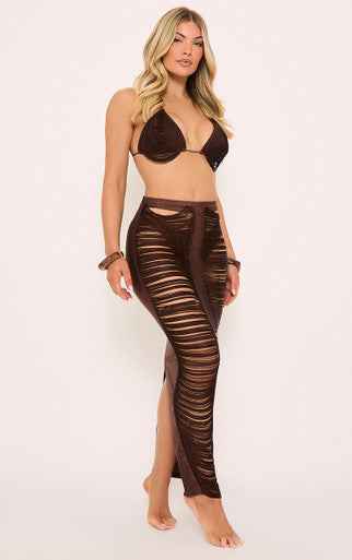 Plt - Mid Rise Tassel Detail Maxi Skirt In Brown