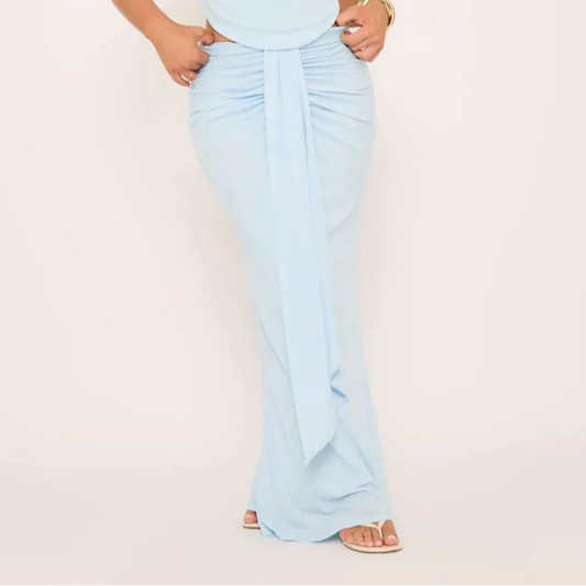 Mid Rise Draped Front Maxi Skirt In Blue