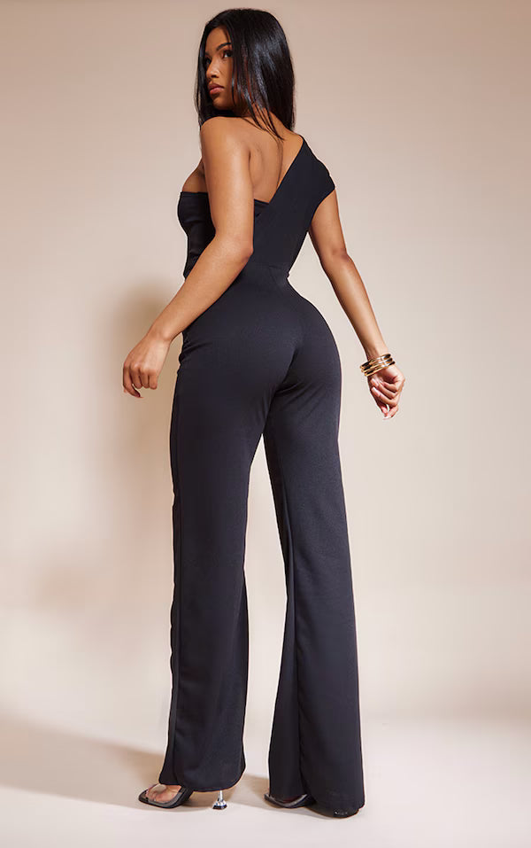 Black One Shoulder Drape Detailed Jumpsuit