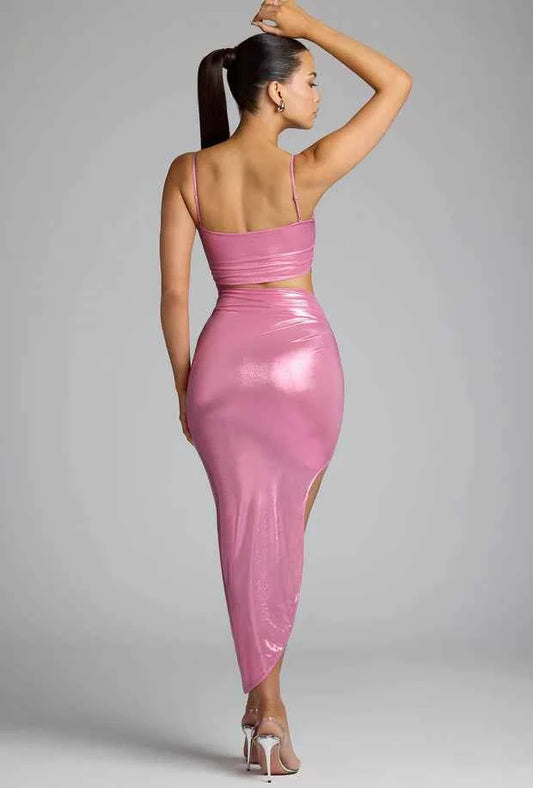 Ohpolly - Draped Metallic Jersey Maxi Dress in Rose Pink