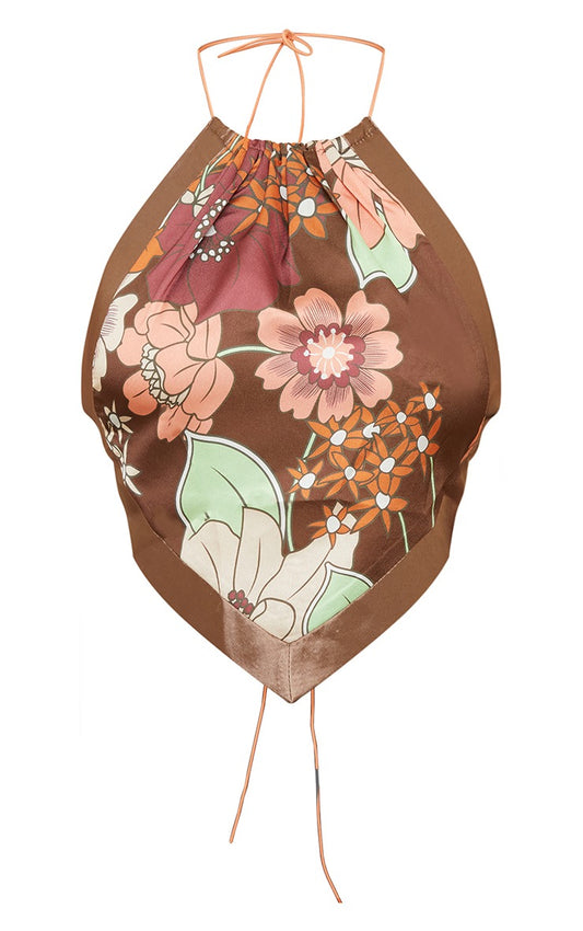 Brown Retro Floral Print Scarf Crop Top