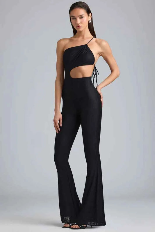 Oh Polly - Metallic Ruched Cut-Out Flared Jumpsuit in Black