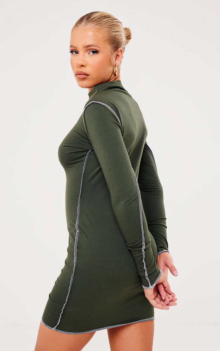 Khaki Cotton Contrast Seam Long Sleeve Bodycon Dress