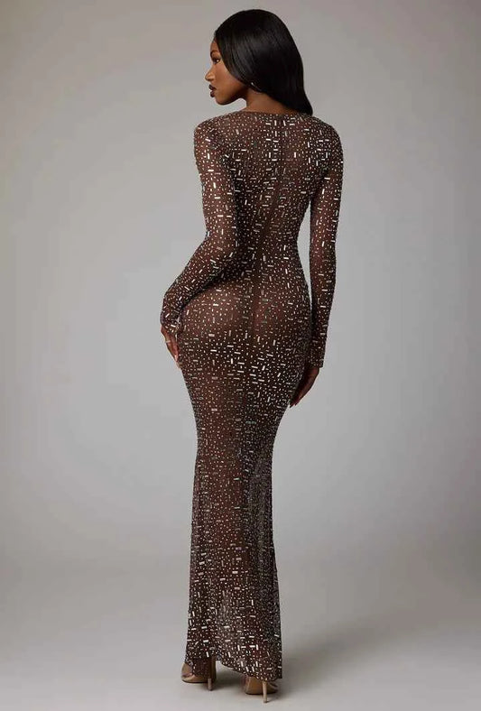 OhPolly - Sheer Embellished Long Sleeve Evening Gown in Deep Cocoa