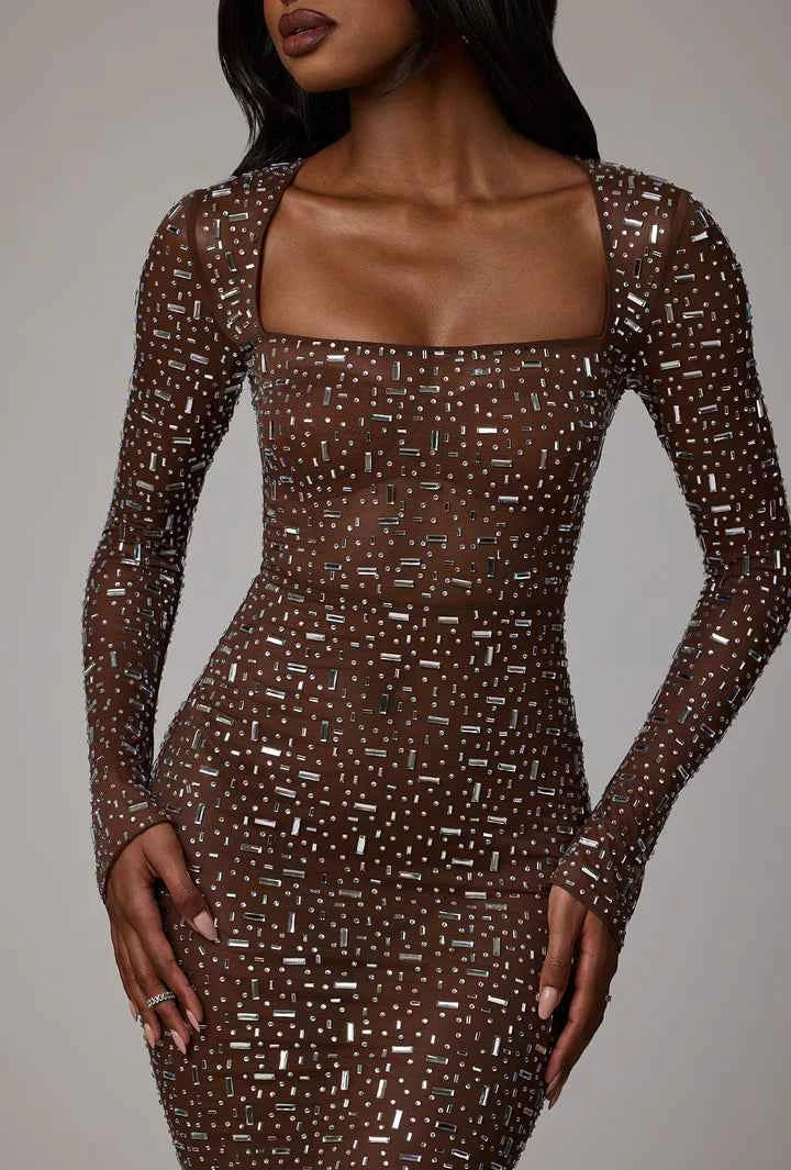 OhPolly - Sheer Embellished Long Sleeve Evening Gown in Deep Cocoa