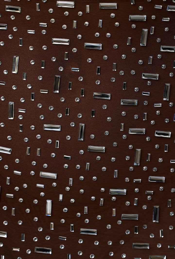 OhPolly - Sheer Embellished Long Sleeve Evening Gown in Deep Cocoa