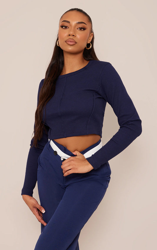 Tall Blue Soft Rib Open Seam Detail Long Sleeve Top