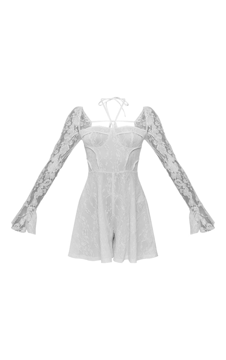 White Floral Mesh Long Sleeve Square Neck Romper