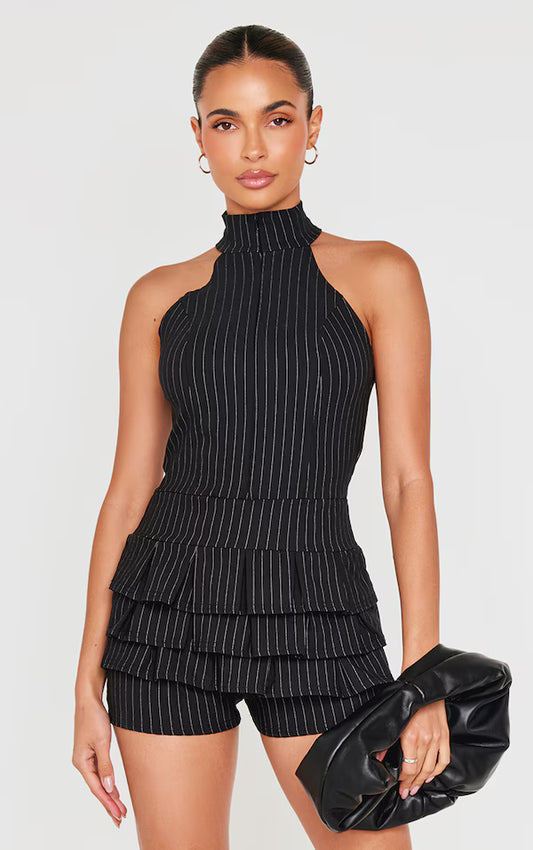 Black Stretch Woven High Neck Rara Skort Playsuit