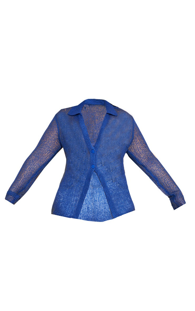 PLUS BLUE FINE KNIT BUTTON PLUNGE SHIRT